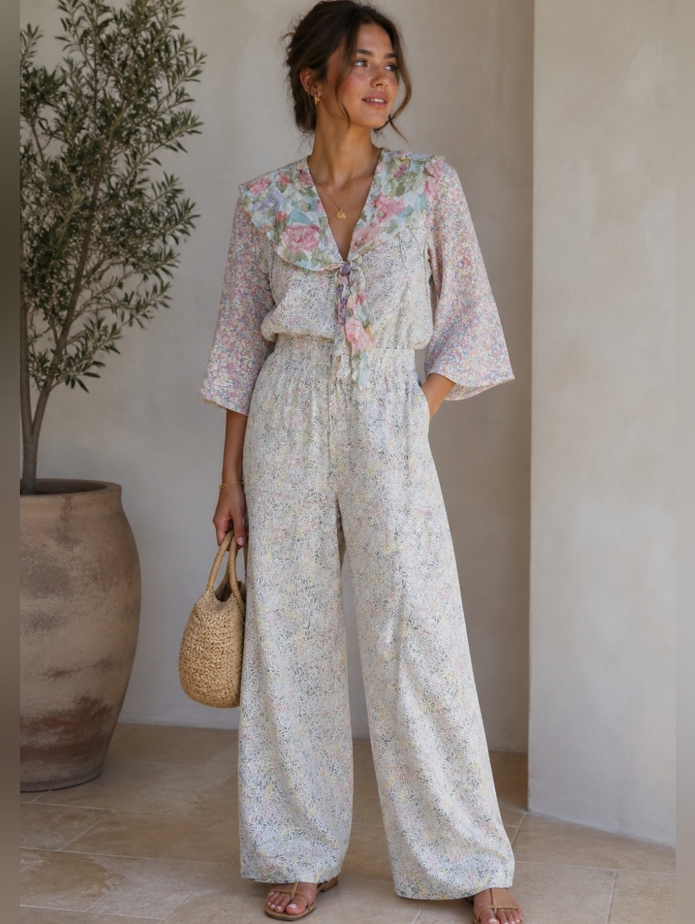 VTG Carole Little Petites Floral 2pc Set Crop Tie Top & Wide Leg Pants Size 2